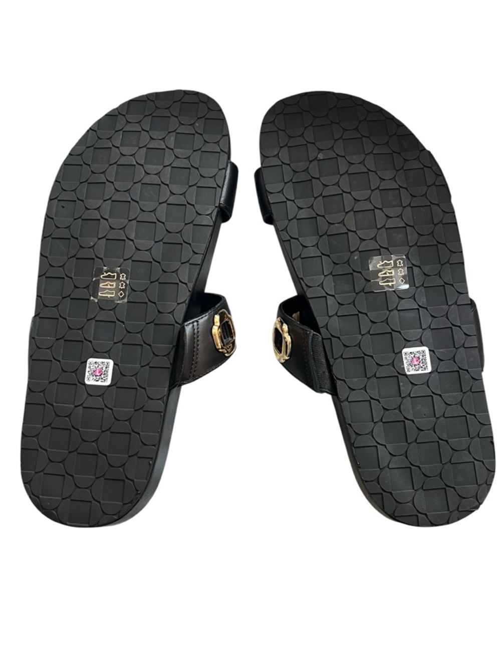 Larroude Milan Black Leather Double-Strap Slide Sandals with Gold Accents - Picture 3 of 12